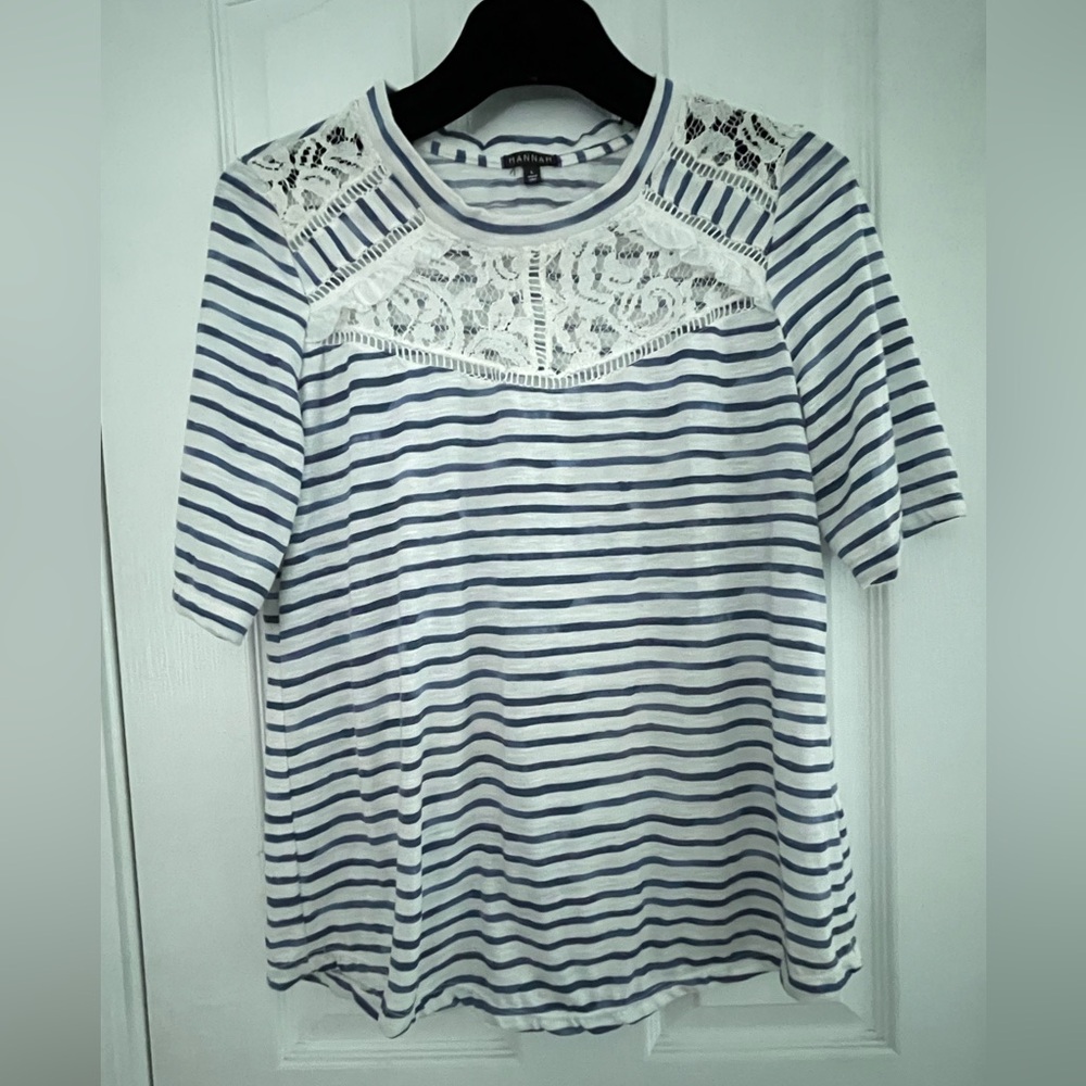 Hannah, Blue/White Strip Short Sleeve Lace Insert Ladies Sz L Top